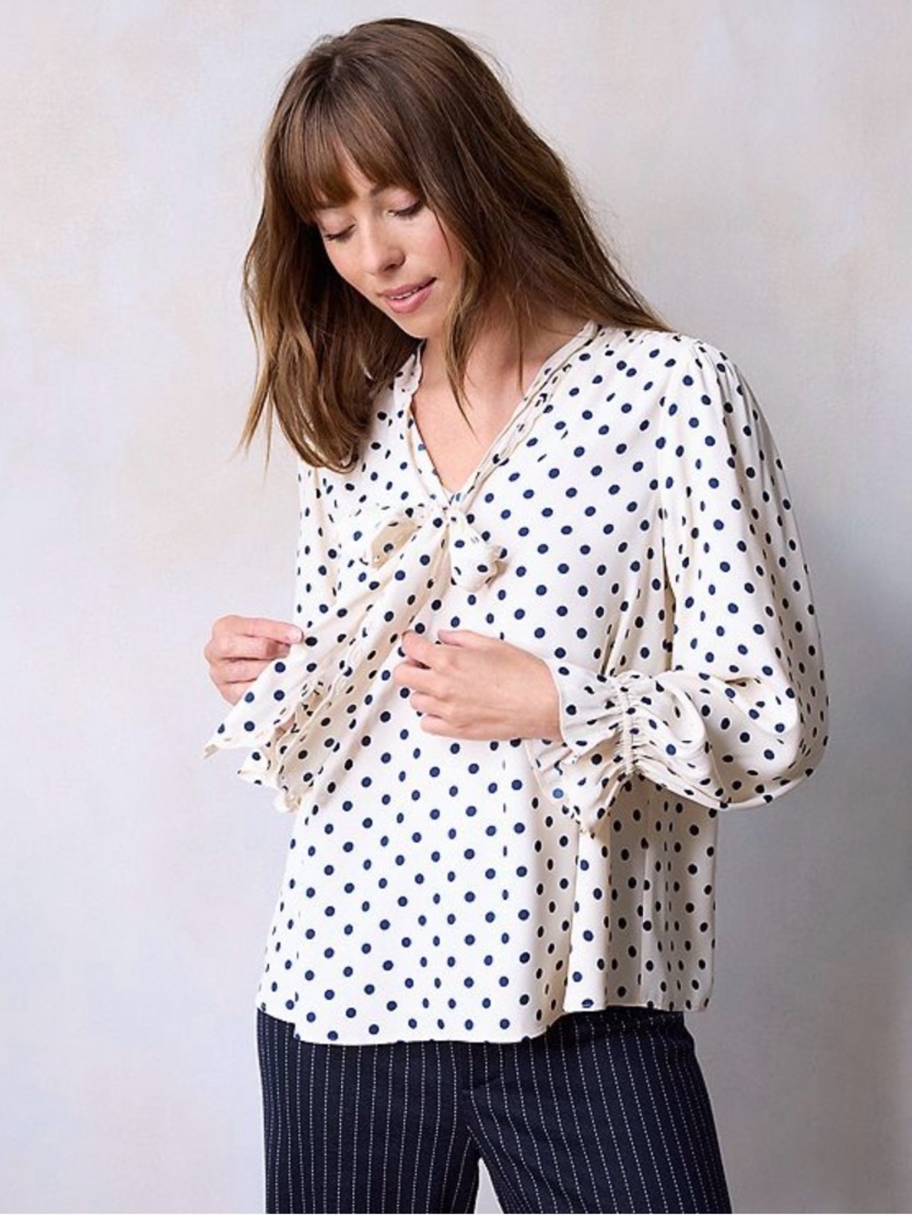 NWT LC Lauren Conrad Tie Front Blouse Natural Dina Dot Puff Sleeve Top XL